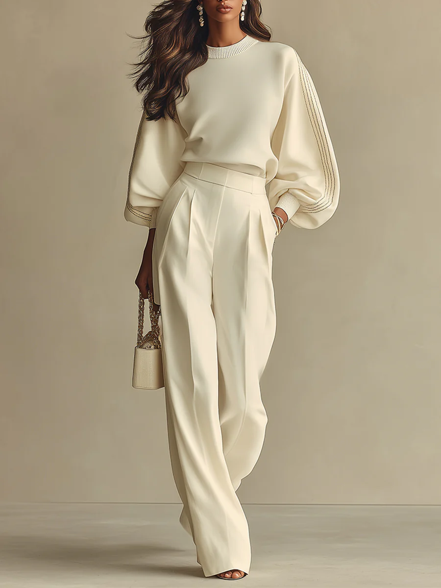 Ainslie | Pleated Two Piece Set – Casual Crew Neck Balloon Sleeve Wide Leg Pants