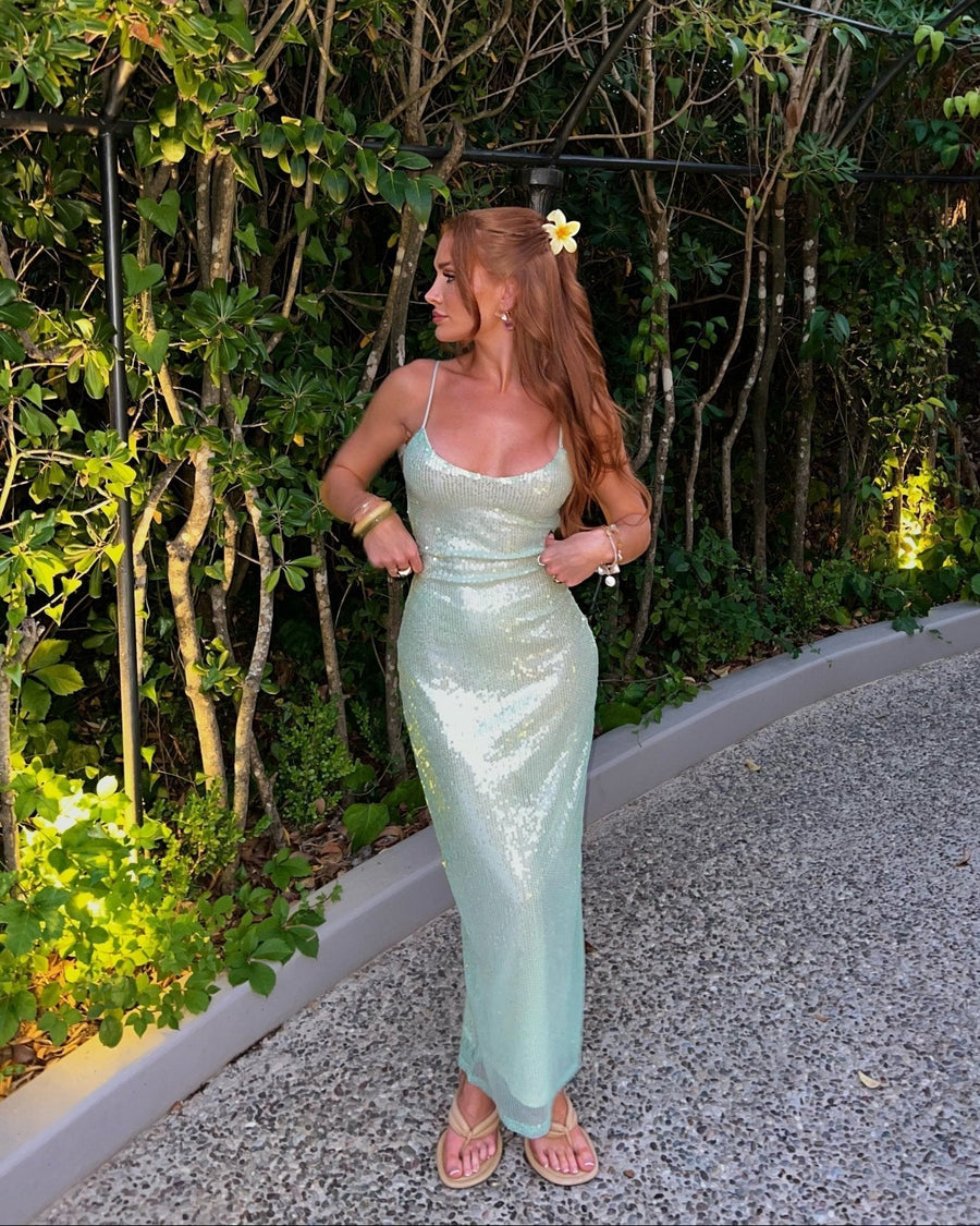 Amaria | Sequin Slip Maxi Dress – Spaghetti Strap Scoop Neck Fitted Evening Party