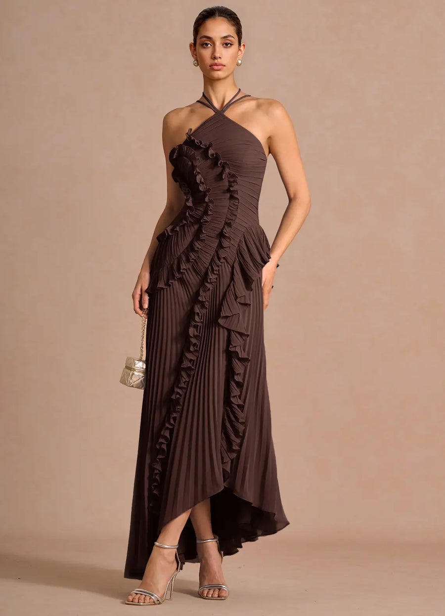 Aminta | Pleated Ruffle Maxi Dress – Evening Halter Neck Asymmetric Hem