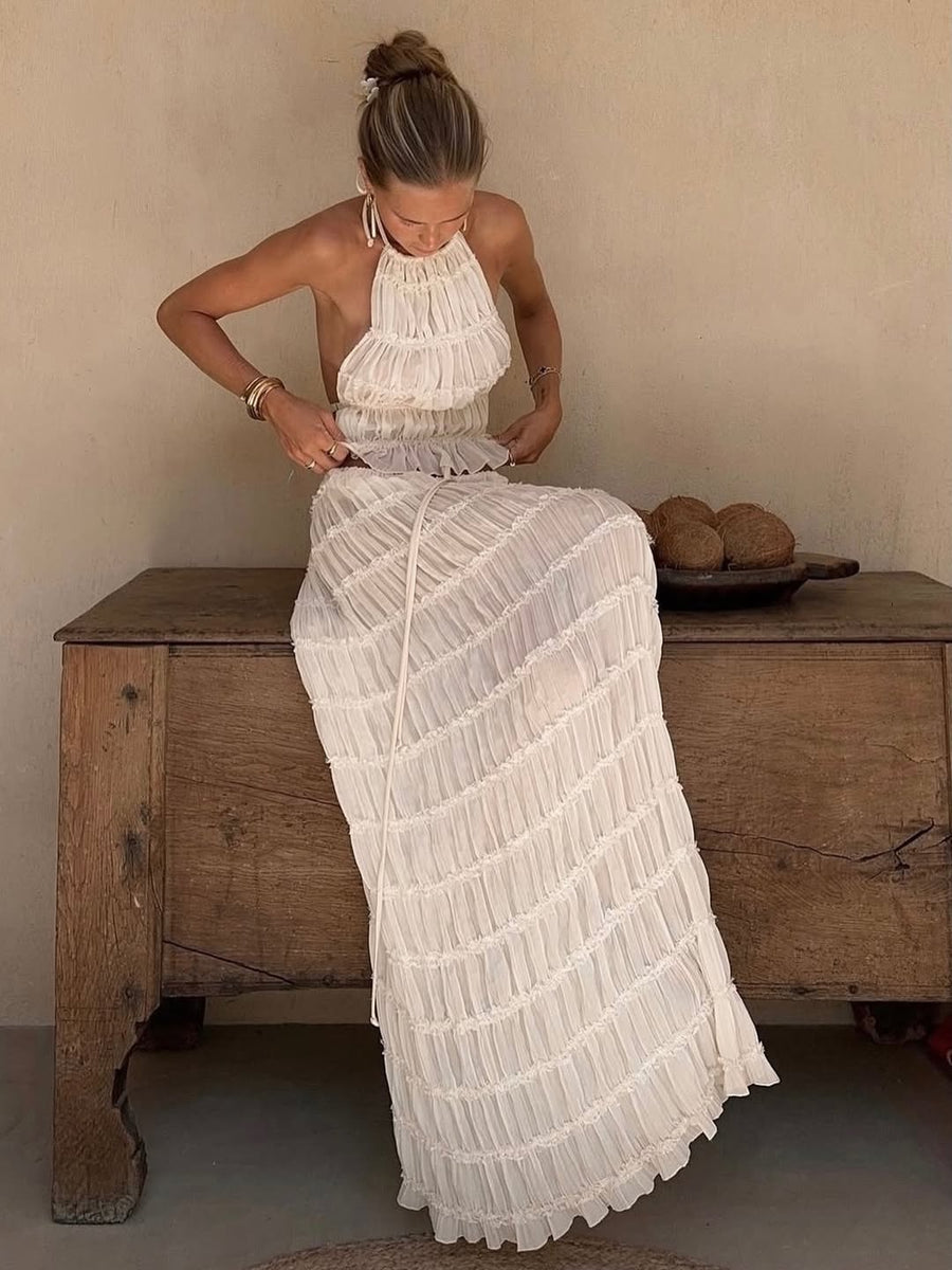 Araceli | Ruffle Tiered Two Piece Set – Halter Crop Top Maxi Skirt Summer Co-ord