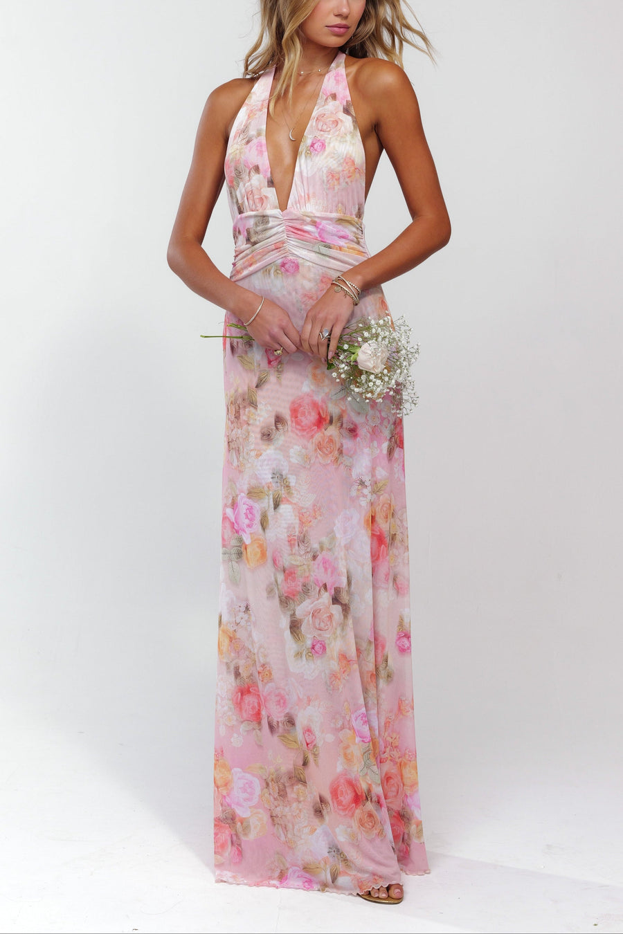Ariadne | Floral Halter Plunge Maxi Dress – Ruched Waist Open Back Wedding Guest Gown
