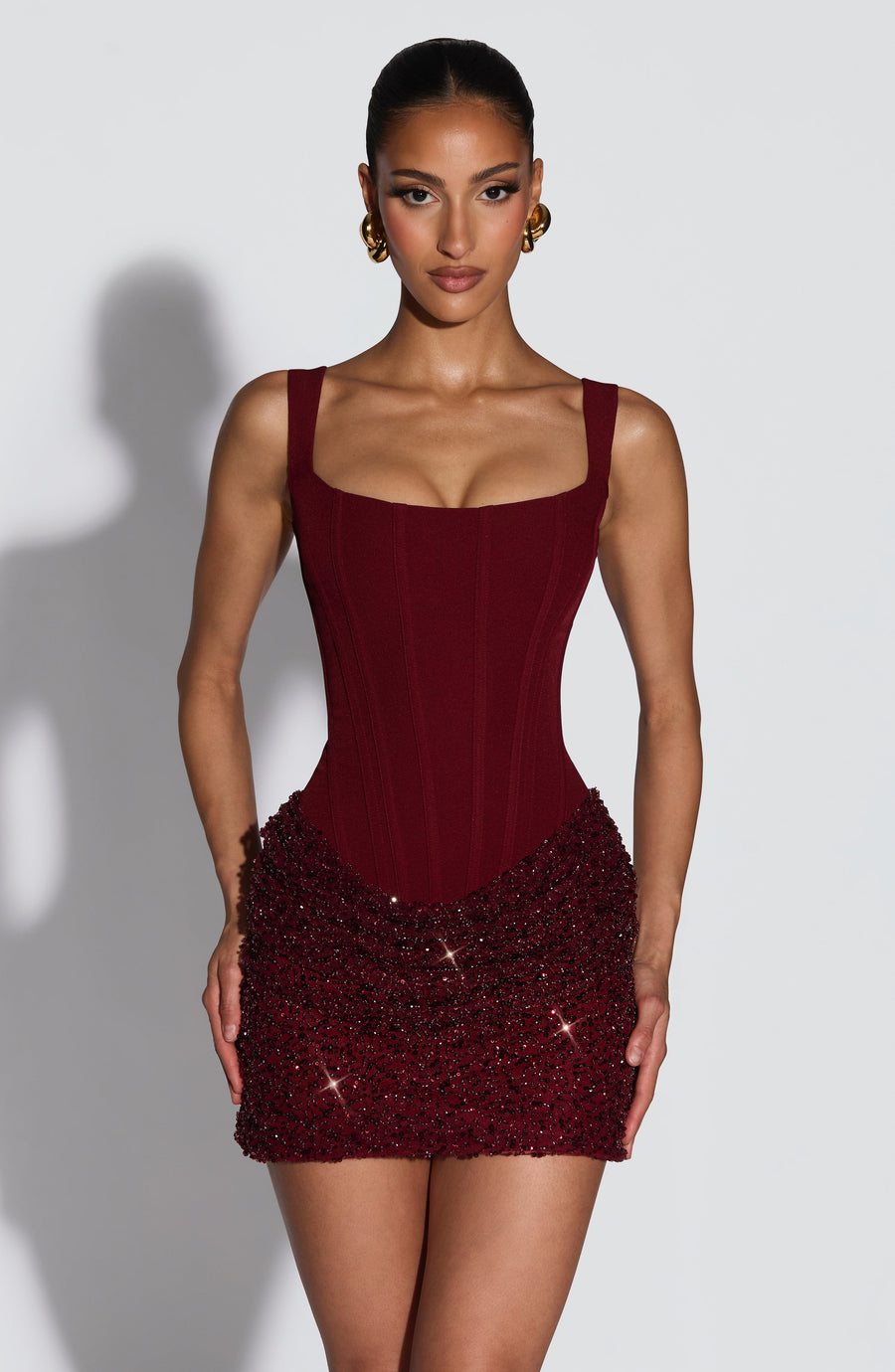 Blakeley | Corset Sequin Mini Dress – Square Neck Ruched Beaded Skirt