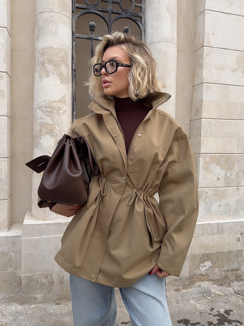 Brenda | Utility Solid Jacket – Casual Wear Drawstring Waist High Collar