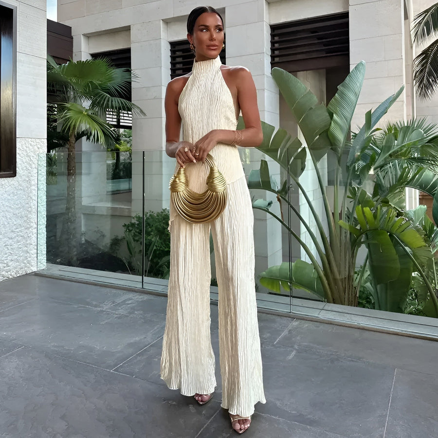 Briarlee | Pleated Halter Two Piece Set – High Neck Crop Top Wide Leg Pants Co-ord