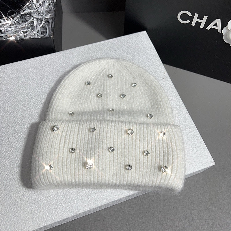 Candace | Rhinestone Knit Beanie – Winter Ribbed Foldover Cuff Crystal Studs