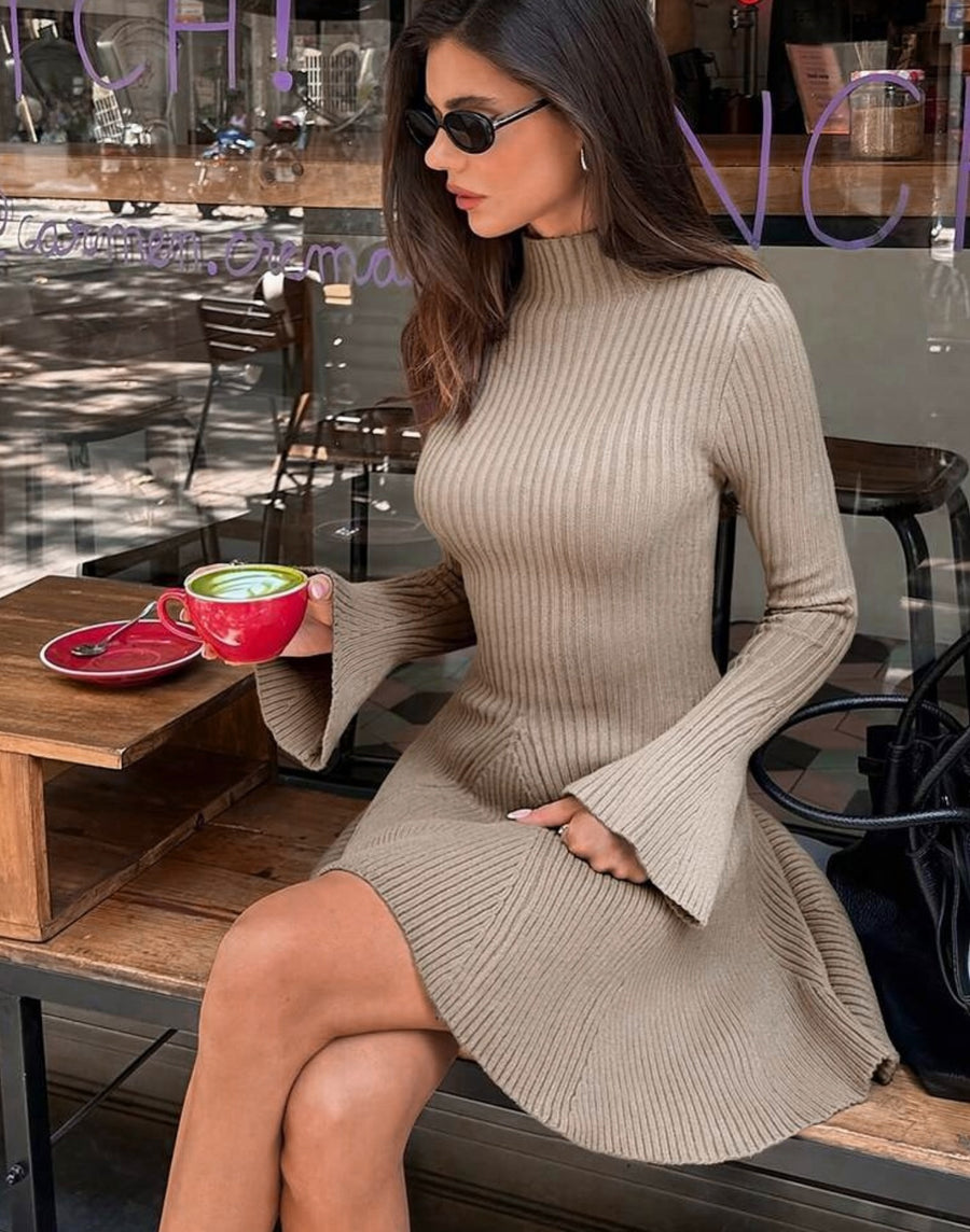 Carlotta | Ribbed Knit Mini Dress – Casual Mock Neck Long Bell Sleeve Flared Hem
