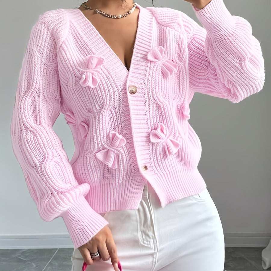 Carys | Bow Detail Cable Knit Cardigan – Casual V Neck Long Sleeve Flared Cuff