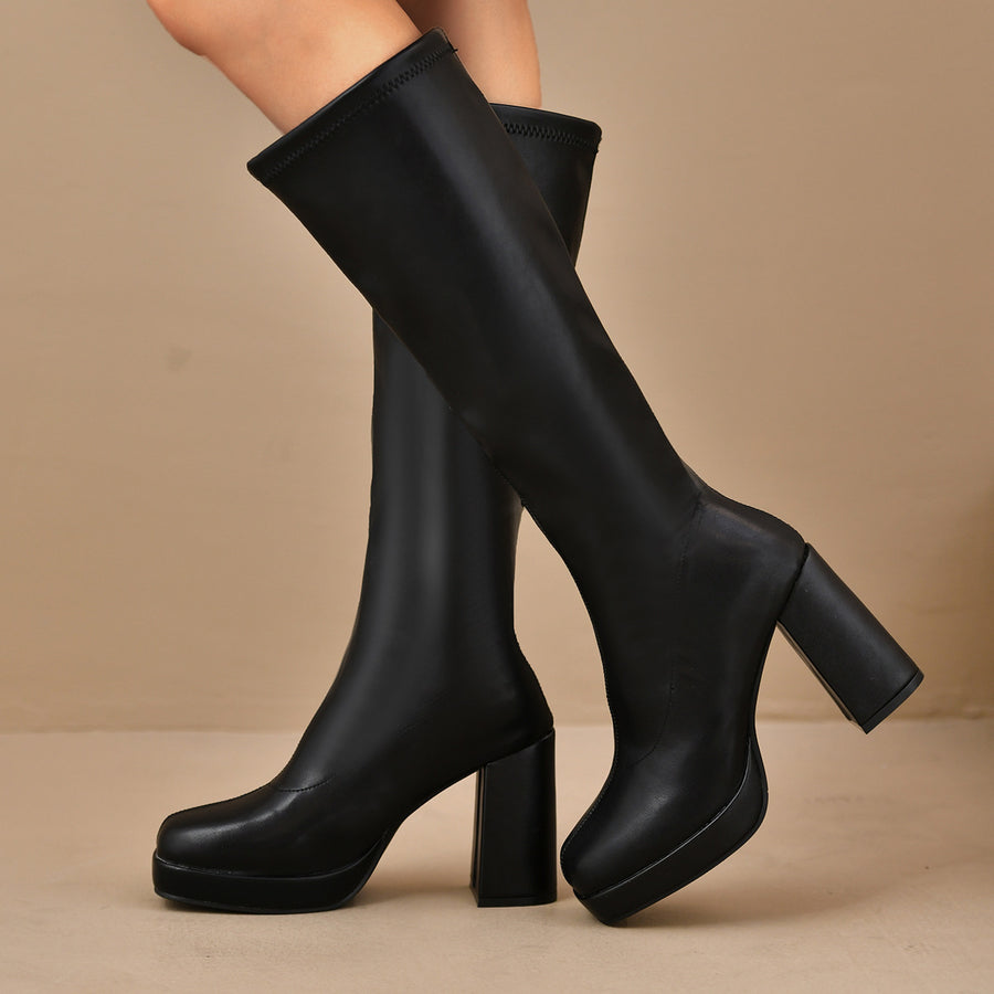 Catalina | Knee High Platform Boots – Square Toe Tall Block Heel Plain Upper