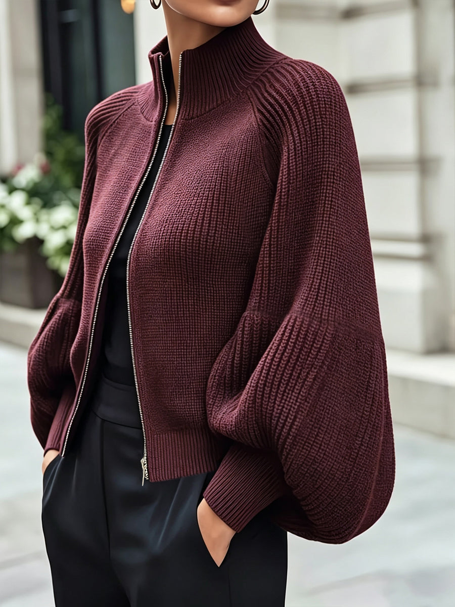 Catriona | Ribbed Knit Cardigan – Casual High Collar Zip Front Balloon Sleeve