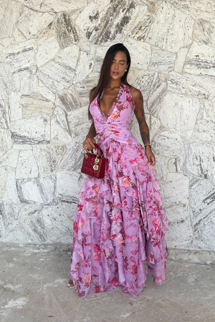Coral | Floral Halter Neck Maxi – Deep V Ruched Tiered Ruffle Wedding Guest Dress