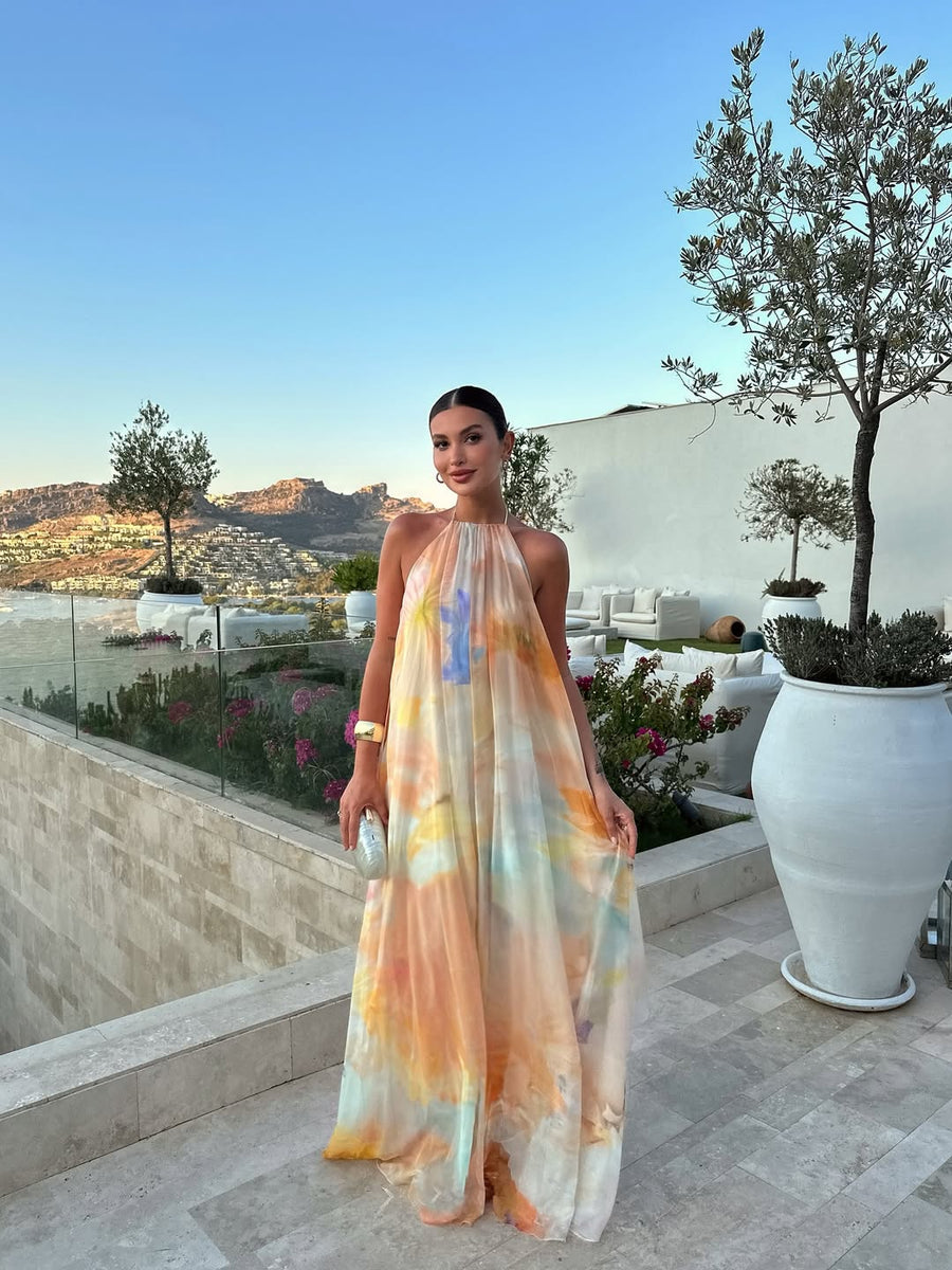 Corinna | Halter Maxi Dress – Floaty Open Back Summer Wedding Guest Gown
