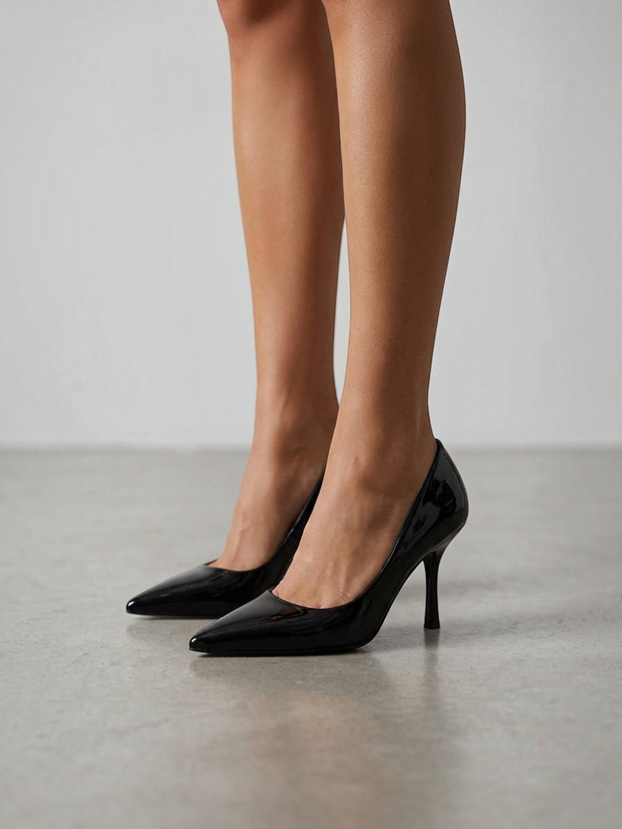Cressie | Glossy Pointed Toe Pumps – Flared Mid Heel Slip On Office Wedding