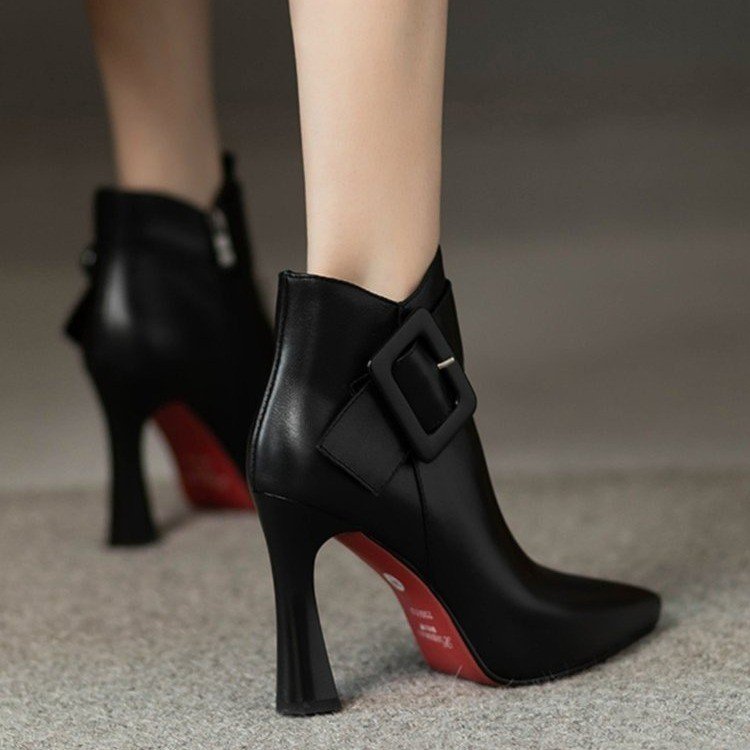 Dania | Buckle Ankle Boots – Casual Pointed Toe High Flared Heel Side Strap