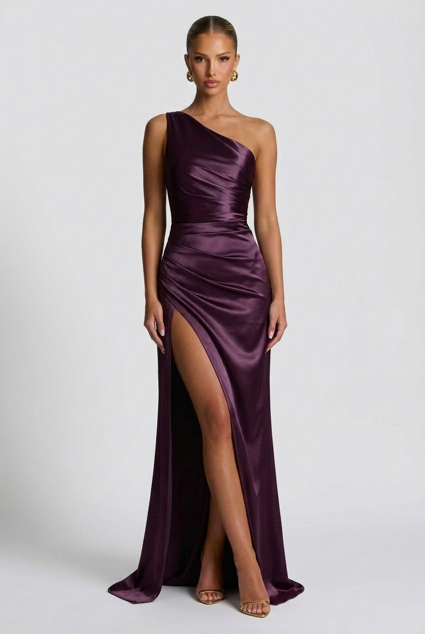 Daphne | Satin Maxi – One Shoulder Ruched Body-Con High Split Formal Wedding Guest Dress