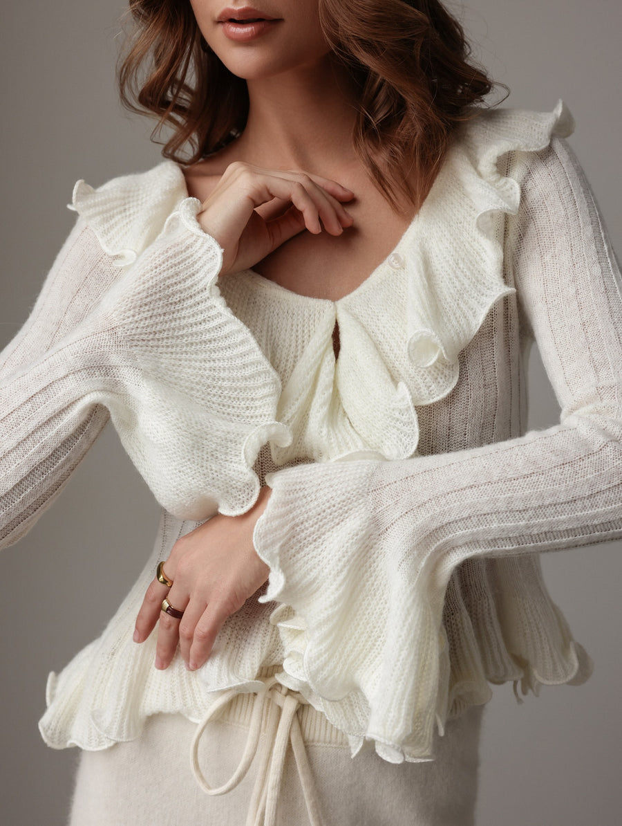 Della | Ruffle Knit Tops – Casual Scoop Neck Long Sleeve Button Front