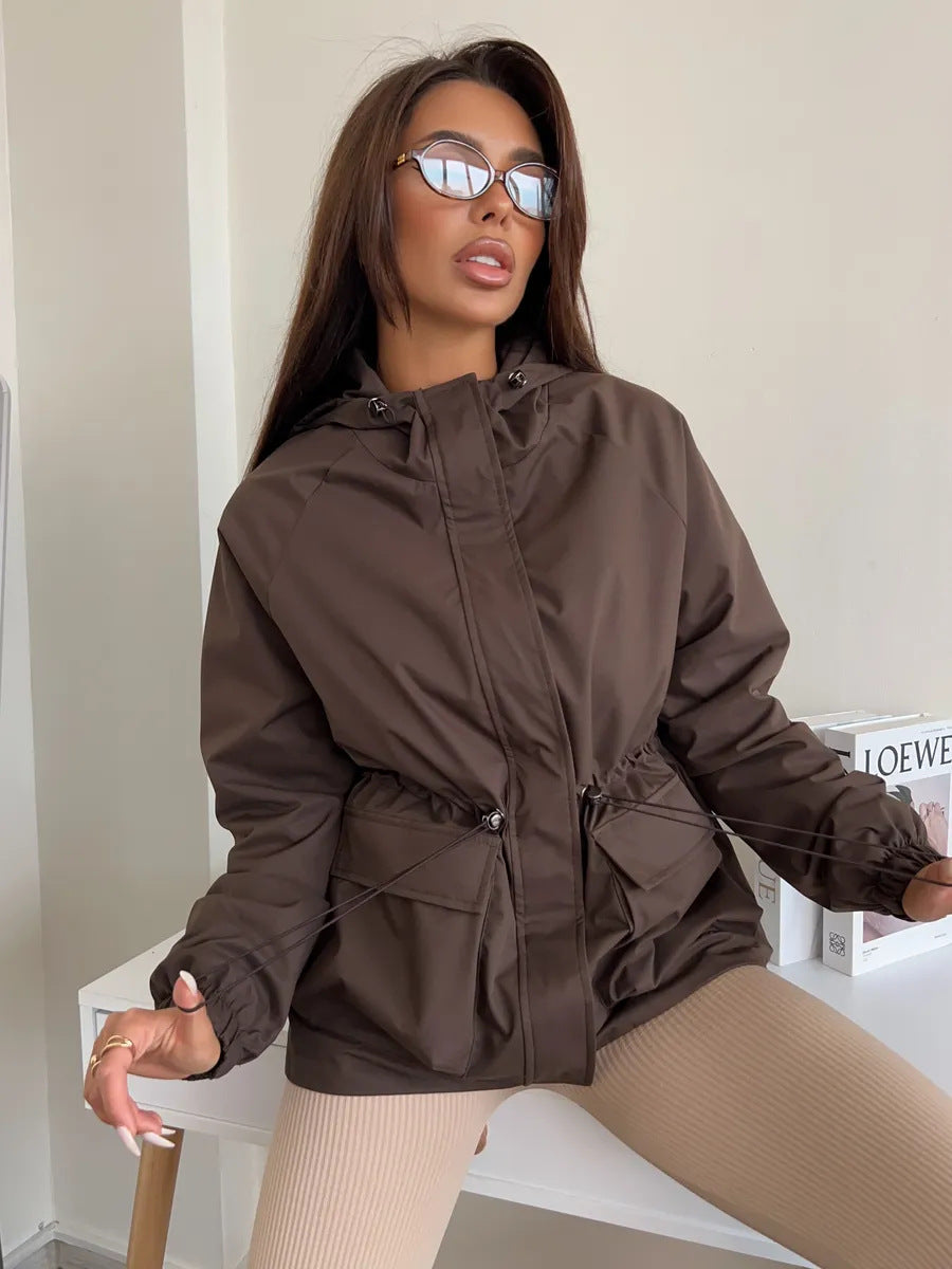 Eleni | Hooded Utility Jacket – Casual Drawstring Waist Long Sleeve Pockets