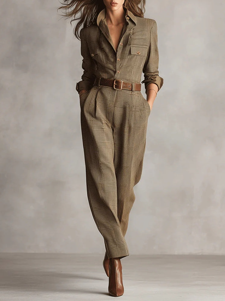 Eliana | Plaid Jumpsuit – Work Collared Belted Button Front Long Sleeve