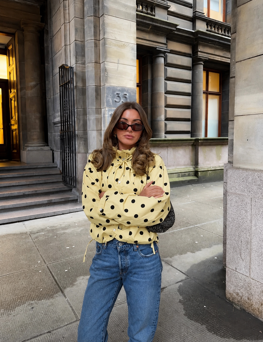 Elise | Polka Dot High Neck Jacket – Puff Sleeve Drawstring Hem