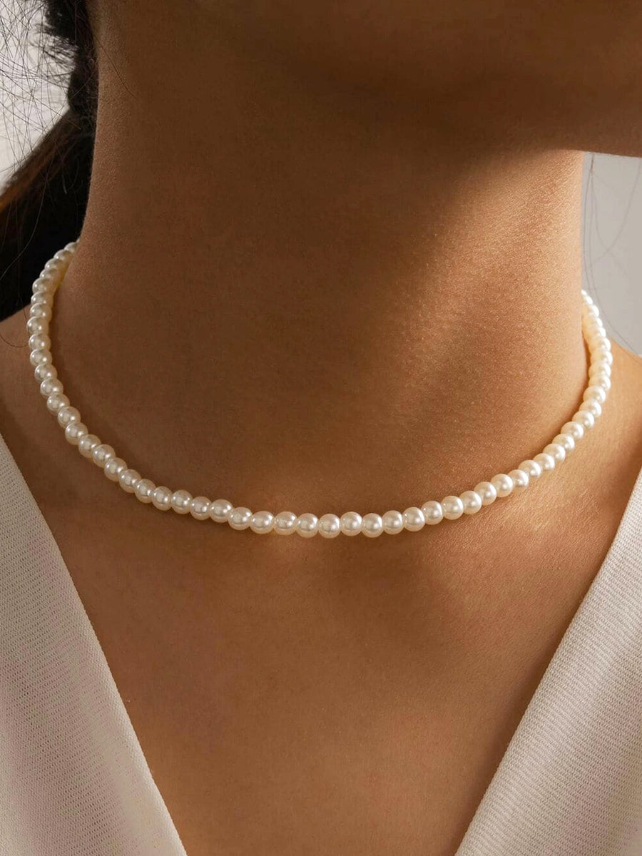 Emani | Pearl Bead Necklace – Single Strand Round Beads Short Collar Style