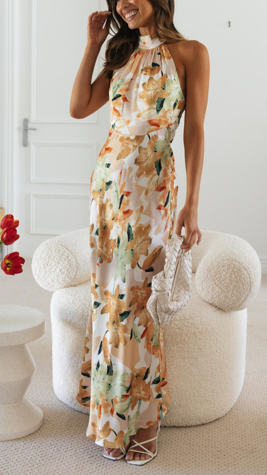 Ember | Floral Halter Neck Maxi – Gathered High Neck Backless Wedding Guest Dress