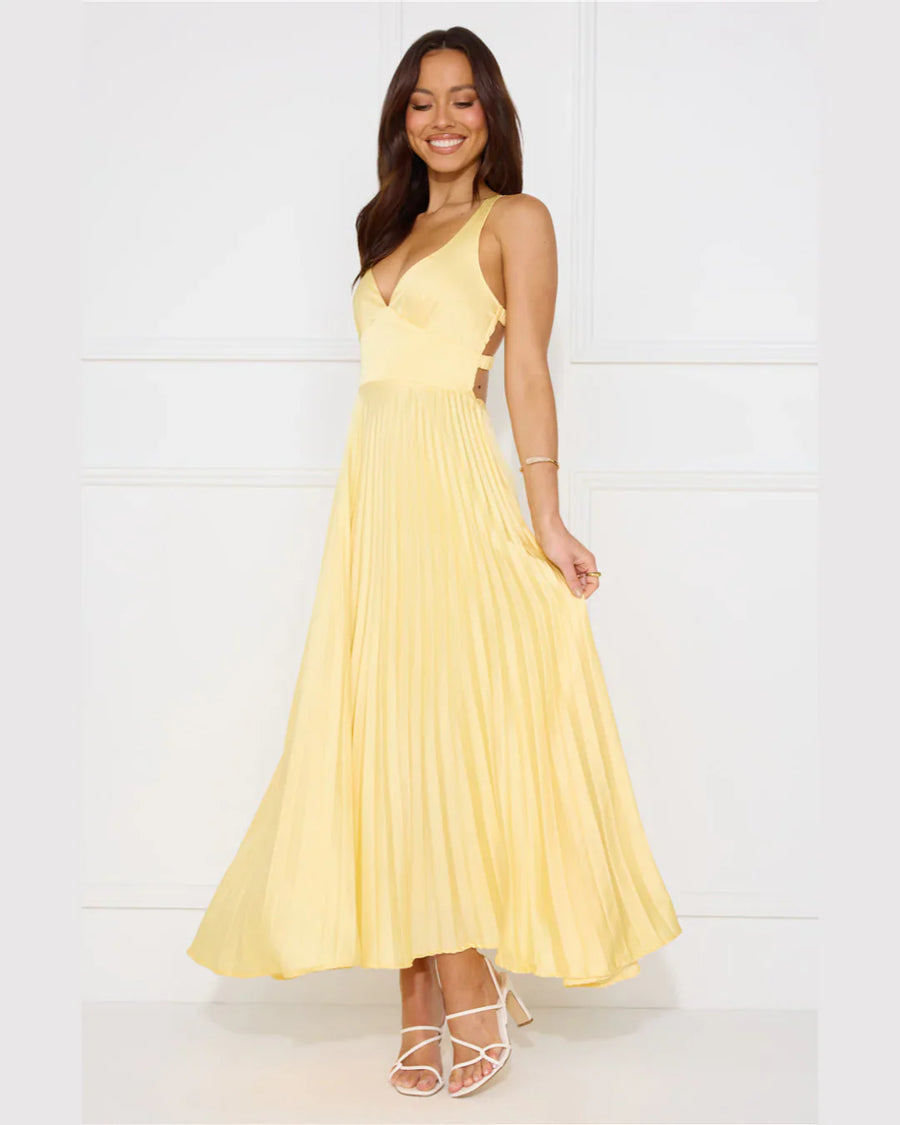 Erica | Pleated Maxi – Deep V Neck Sleeveless Cut Out Wedding Guest Dress