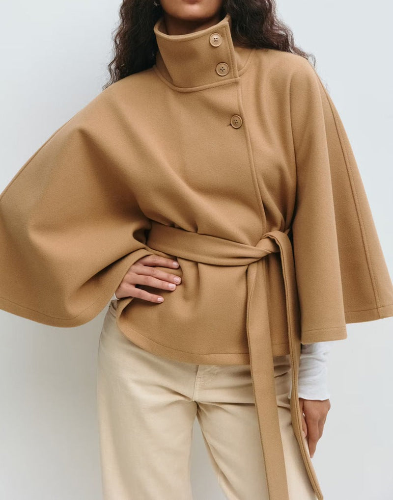 Felicia | Cape Solid Jacket – Belted High Neck Button Front Long Sleeve