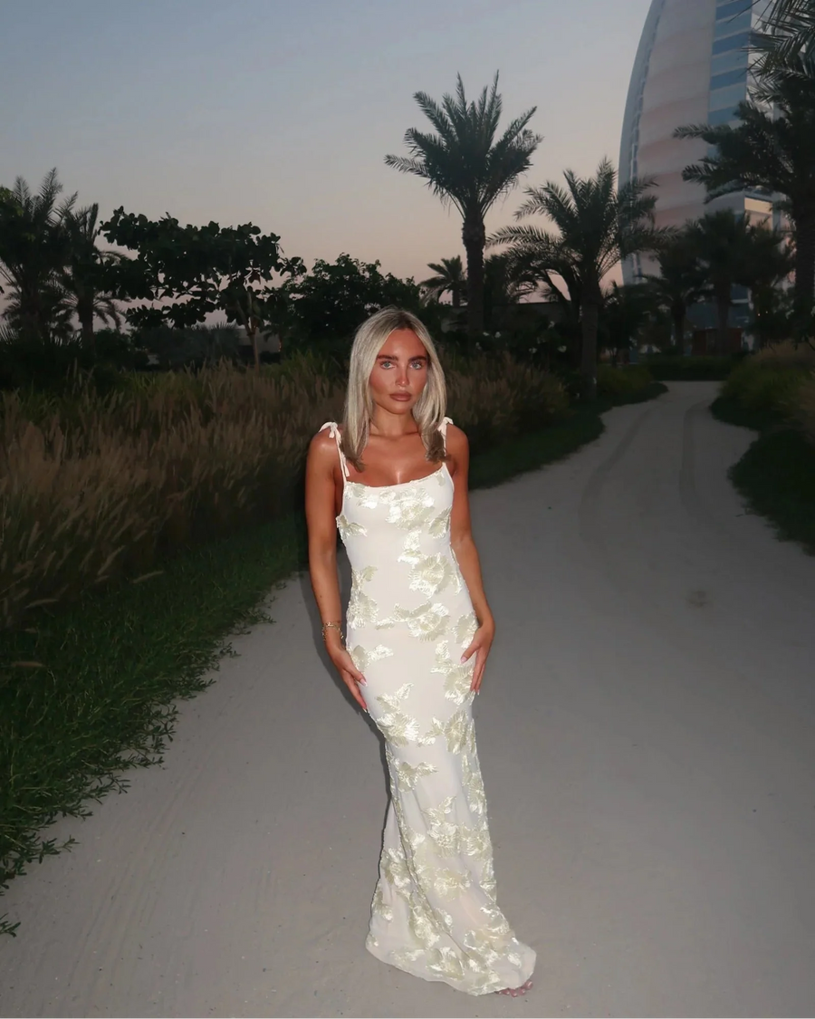 Fiona | Floral Lace Maxi – Scoop Neck Tie Strap Body-Con Summer Evening Dress