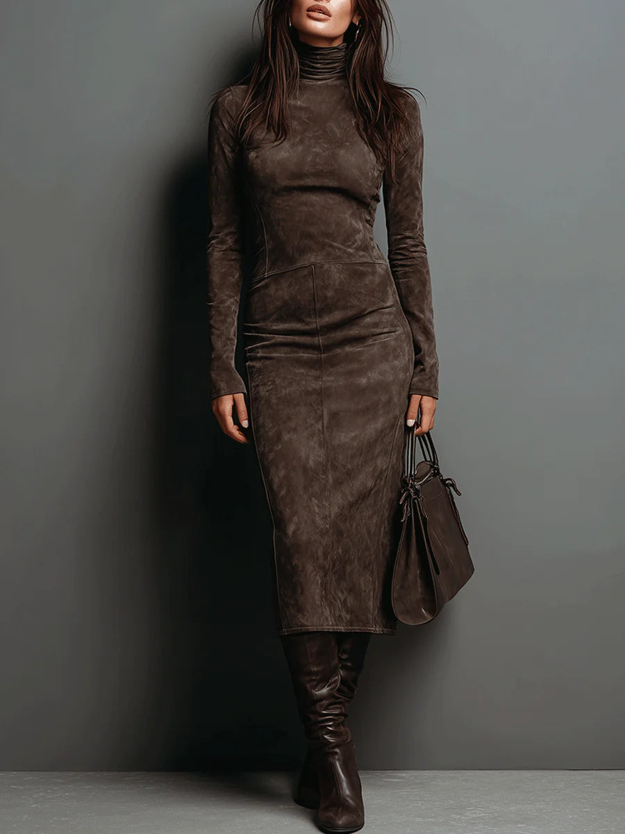 Frances | Suede Effect Midi Dress – Casual Turtleneck Long Sleeve Seamed Front