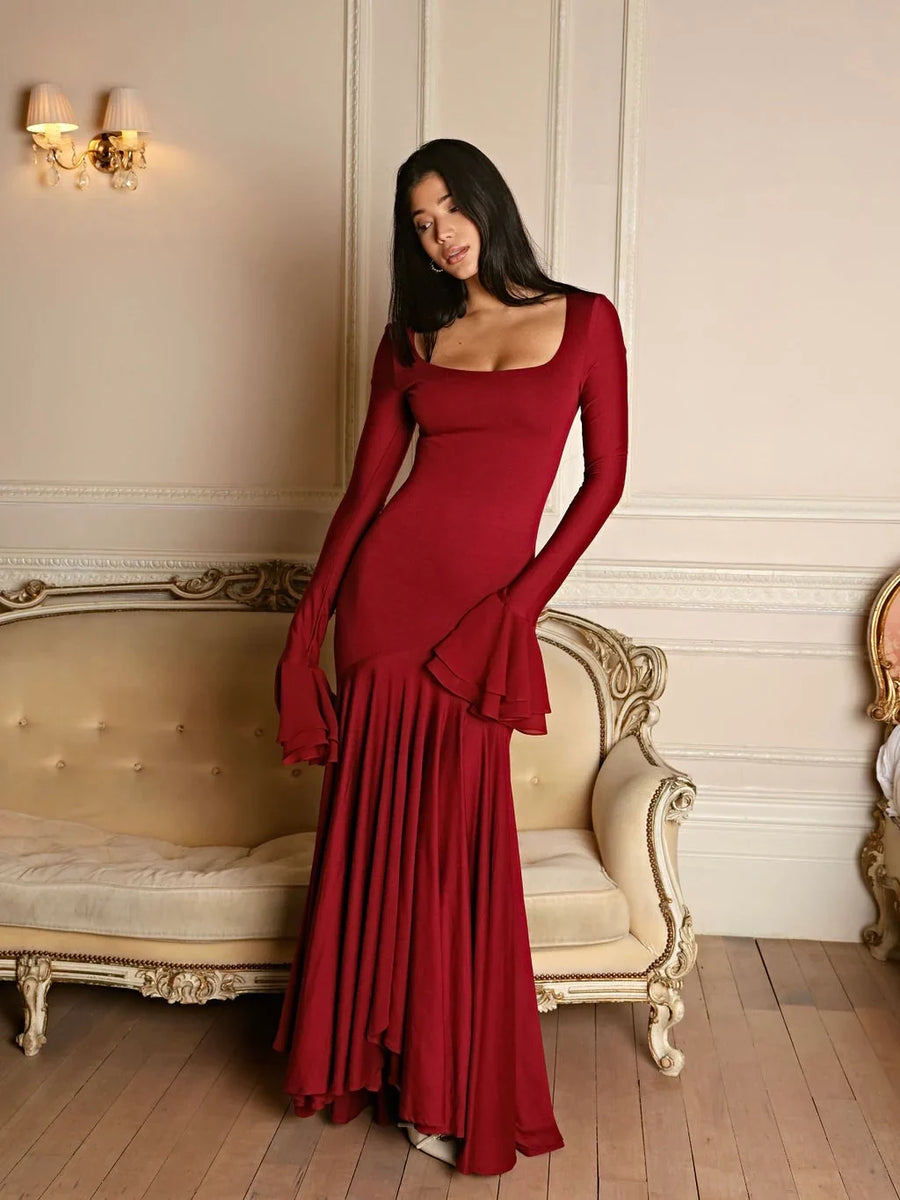 Graciela | Pleated Maxi Dress – Evening Square Neck Long Sleeve Ruffle Cuffs