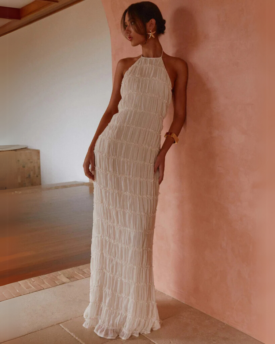 Greta | Halter Neck Ruched Maxi – Sleeveless Tiered Ruffle Summer Holiday Dress