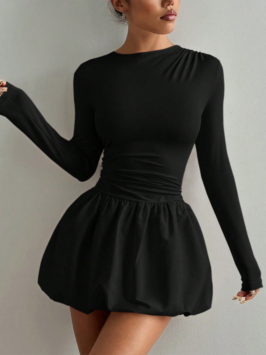 Guadalupe | Bubble Hem Mini Dress – Casual Boat Neck Long Sleeve Ruched Waist