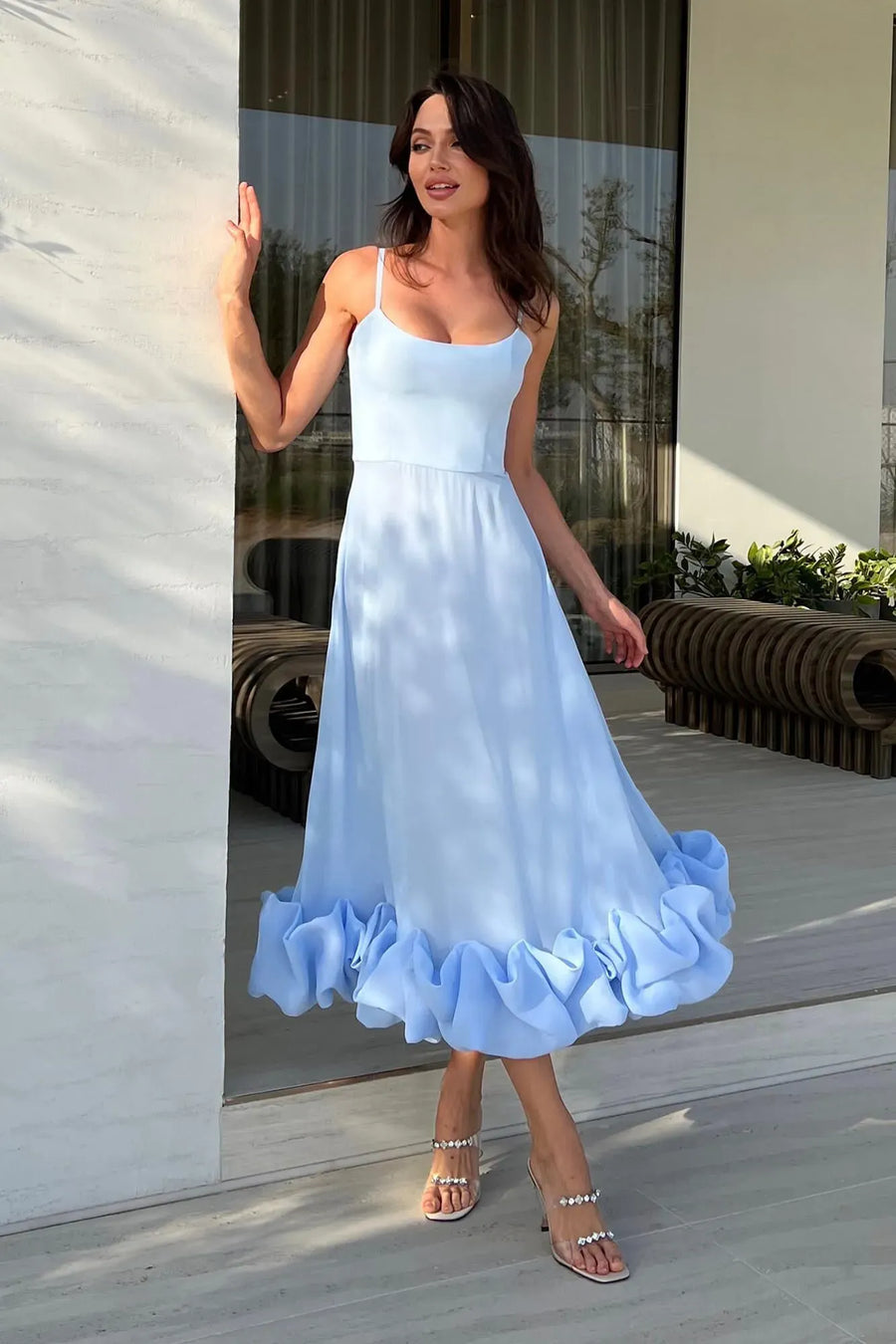 Heather | Midi – Scoop Neck Spaghetti Strap Ruffle Hem A-Line Wedding Guest Dress