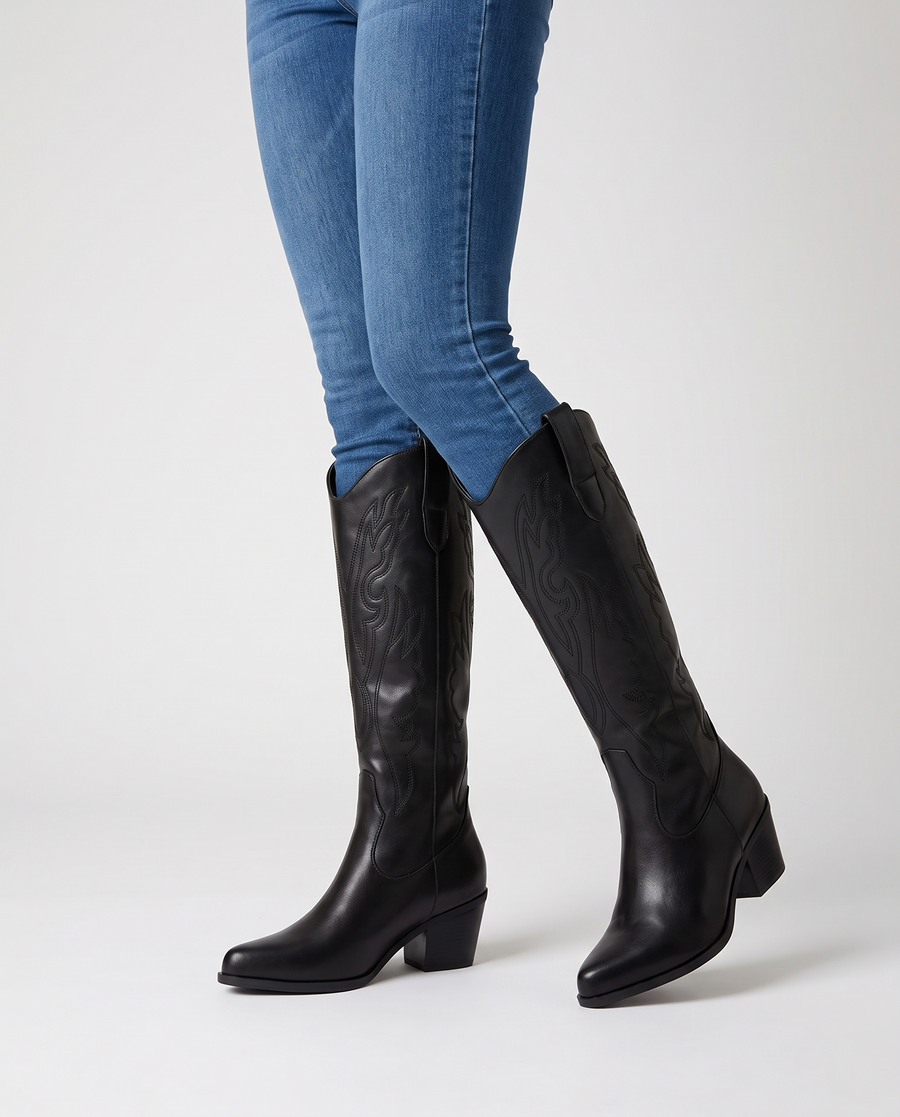 Heloise | Western Knee High Boots – Winter Pointed Toe Stitched Block Heel