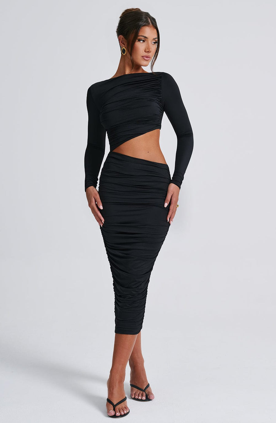 Henley | Ruched Cutout Midi Dress – Boat Neck Long Sleeve Evening Wear