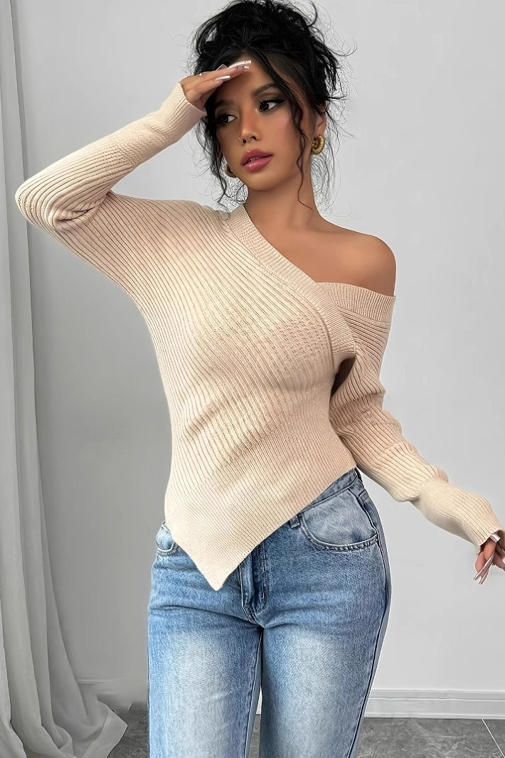 Jacinda | Asymmetric Knit Sweater – Casual One Shoulder Long Sleeve Pointed Hem