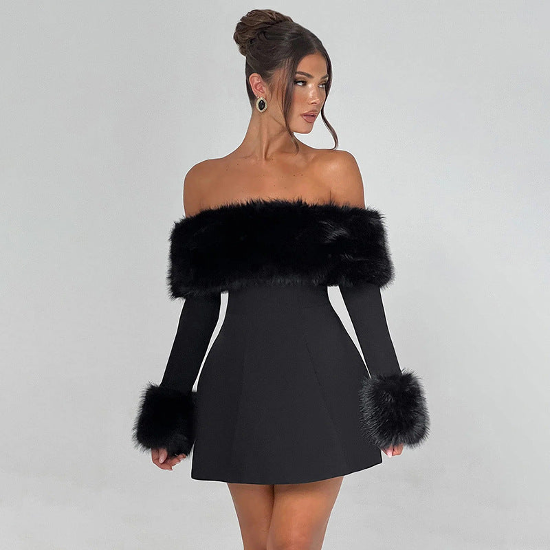 Jaliyah | Plush Trim Mini Dress – Evening Off Shoulder Long Sleeve Flared Skirt