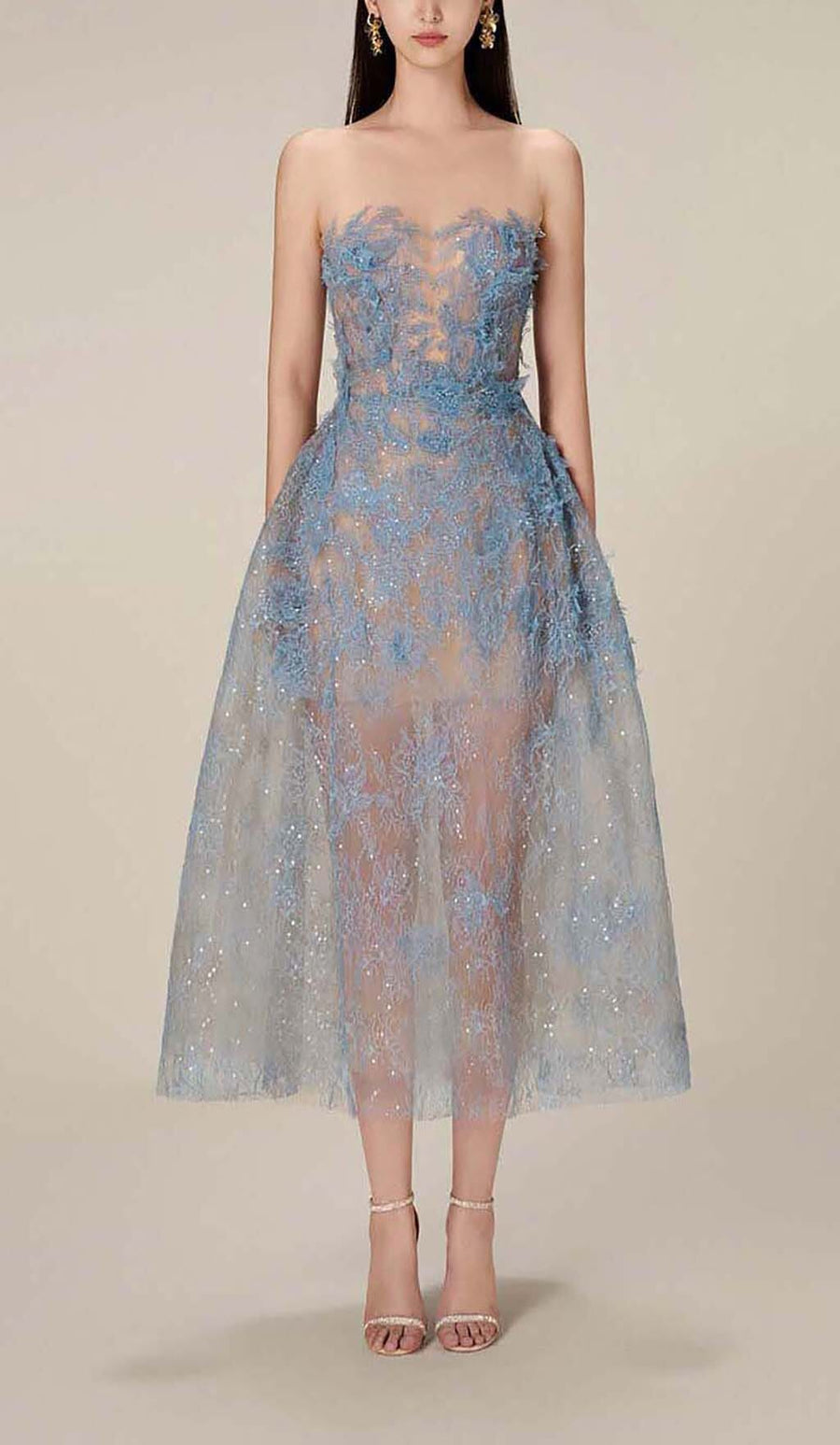 Joelle | Strapless Lace Sequin Midi – Sweetheart Sheer Tulle Formal Dress