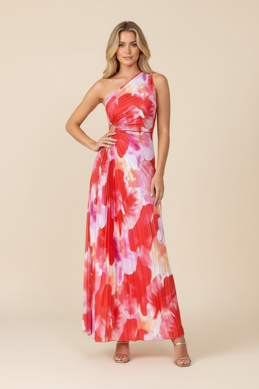 Juniper | Floral Pleated Maxi – One Shoulder Ruched Cut Out Wedding Guest Dress