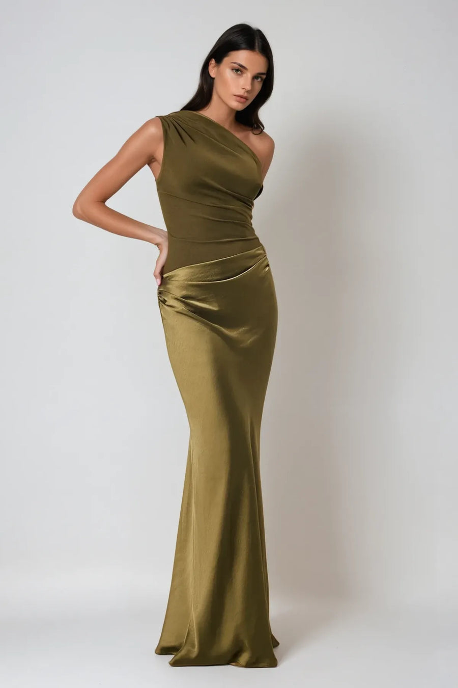 Kaelyn | One Shoulder Satin Maxi Dress – Ruched Bodice Formal Wedding Guest Gown