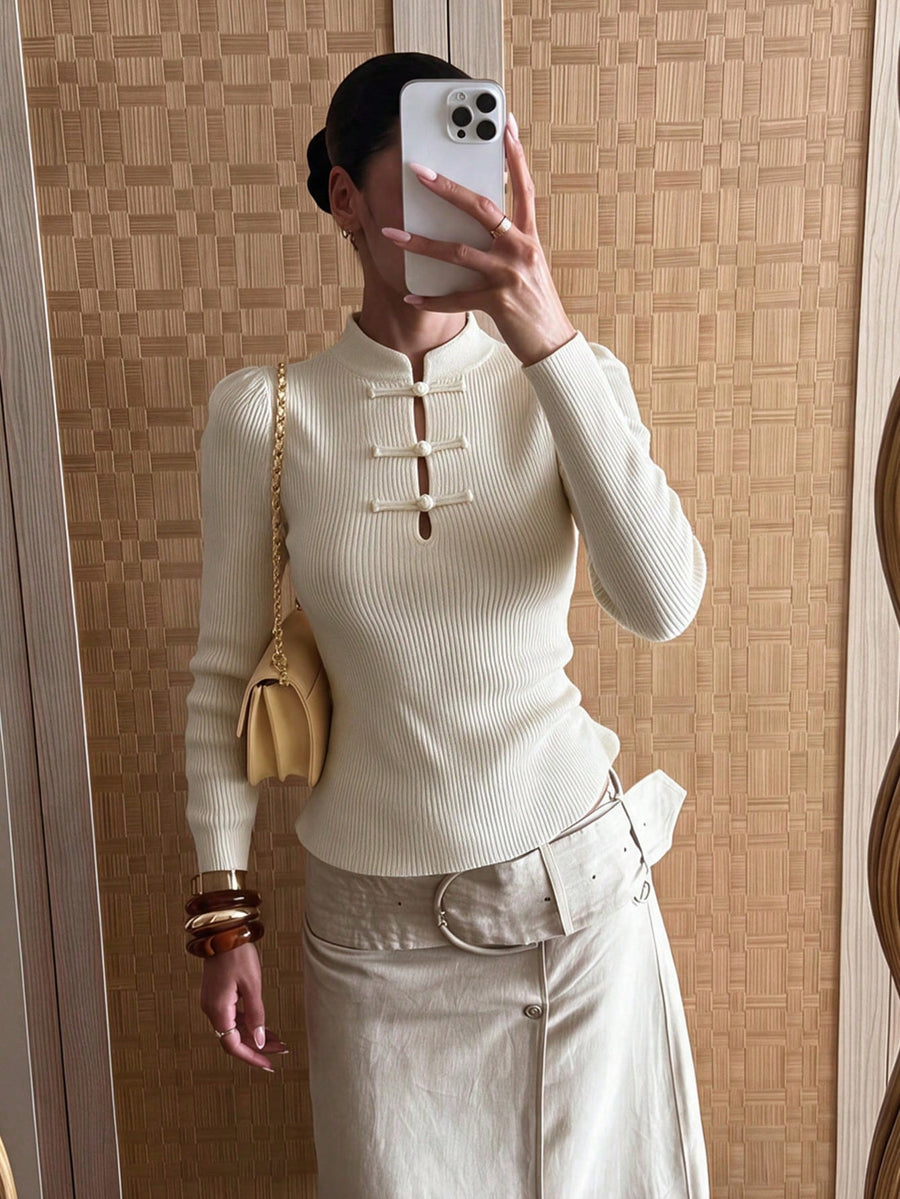 Kalista | Ribbed Knit Top – Casual Mandarin Collar Long Sleeve Frog Button Front