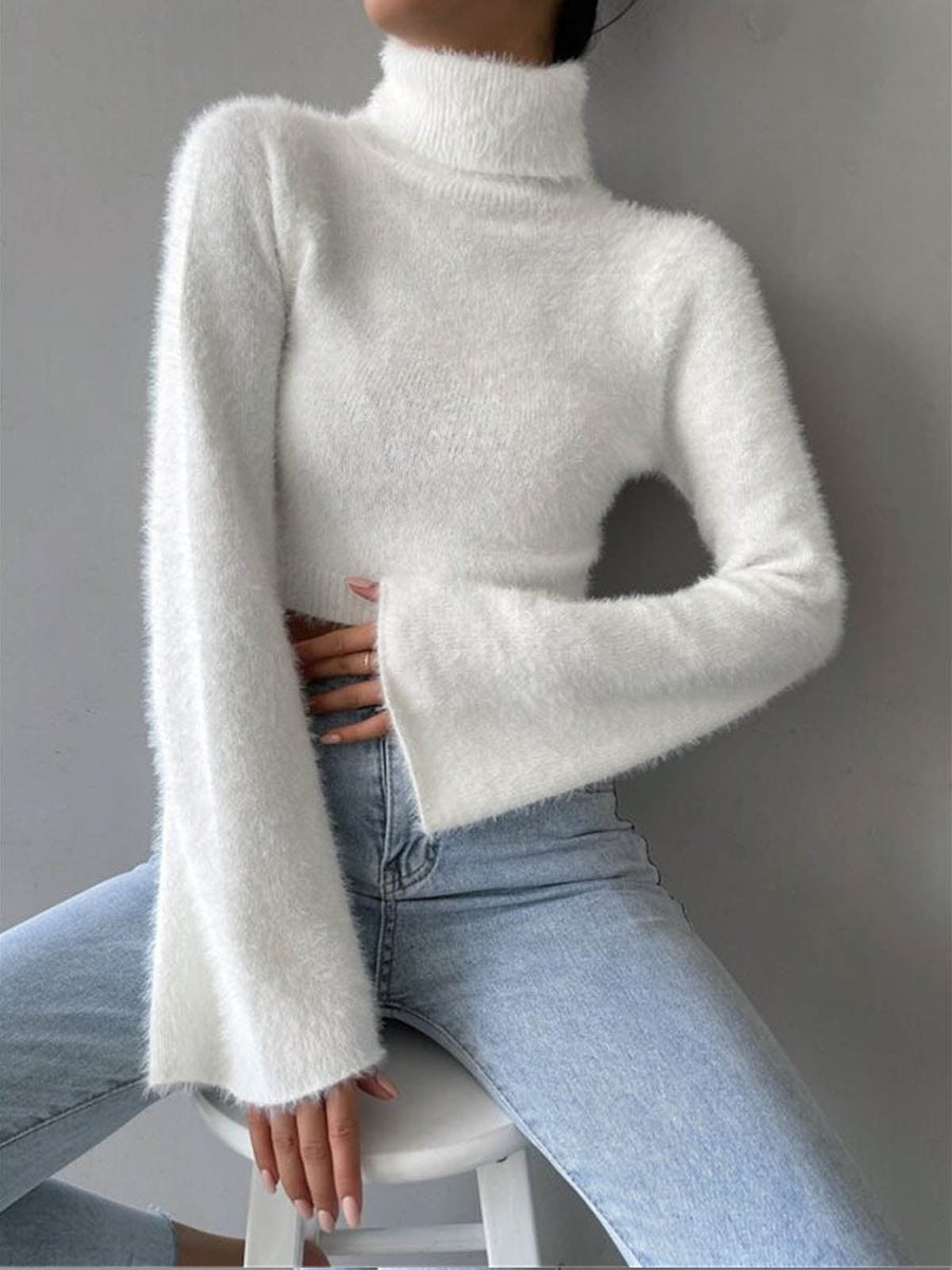 Kamilah | Fuzzy Knit Top – Turtleneck Long Sleeve Cropped Flared Cuffs