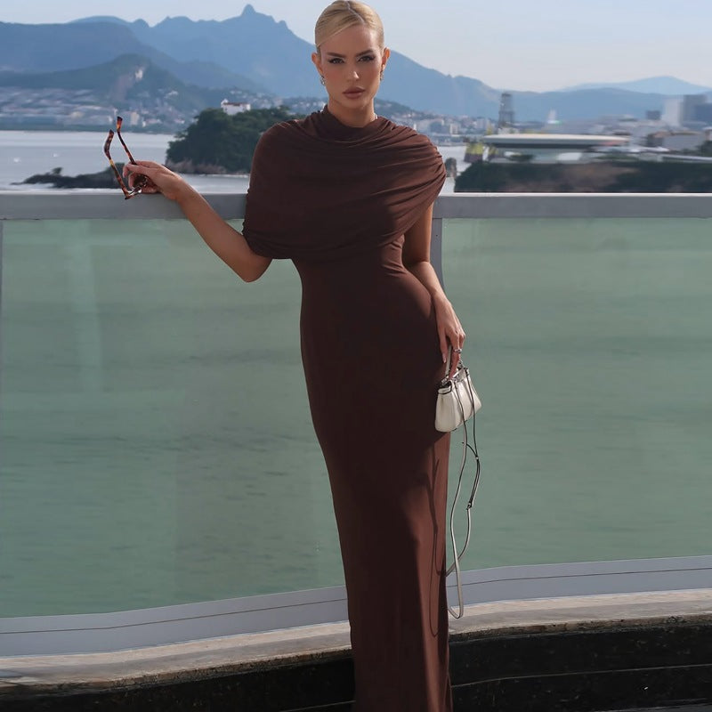 Kataleya | Draped Maxi Dress – Evening Asymmetric Cape Shoulder Ruched Waist