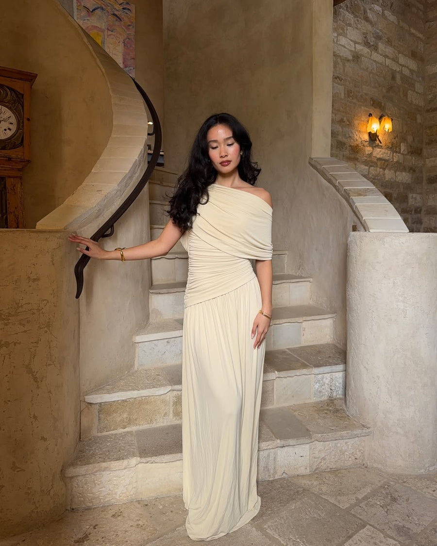 Kayla | Draped Maxi – One Shoulder Ruched Bodice Pleated Skirt Formal Evening Dress