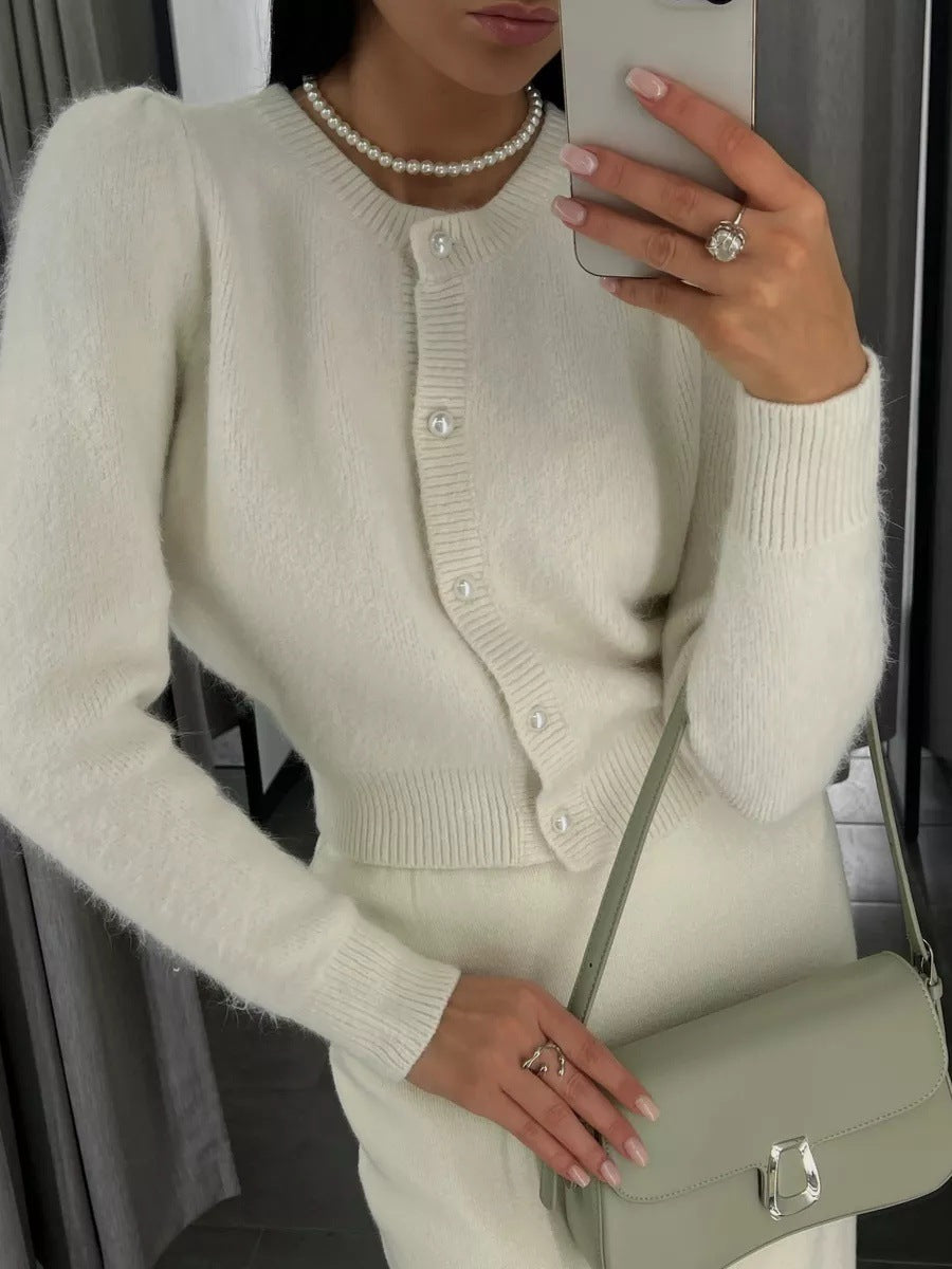 Kyndall | Button Front Knit Cardigan – Crew Neck Long Sleeve Ribbed Trim