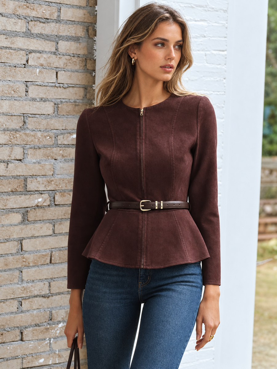 Laramie | Suede Effect Jacket – Casual Round Neck Zip Front Belted Long Sleeve