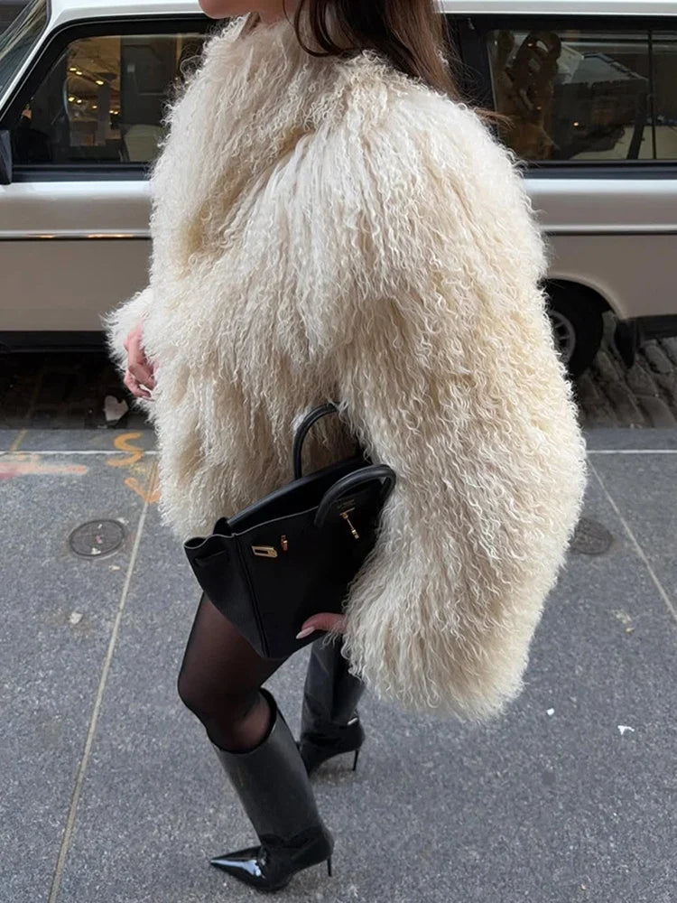 Leonie | Shaggy Winter Coat – Oversized Collar Long Sleeve Textured Pile