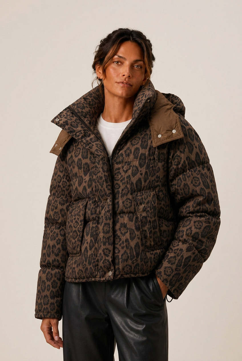 Leora | Leopard Print Puffer Jacket – Winter Hooded Zip Front Long Sleeve