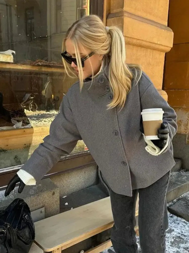 Lexa | Asymmetric Button Jacket – High Neck Long Sleeve Office Outerwear