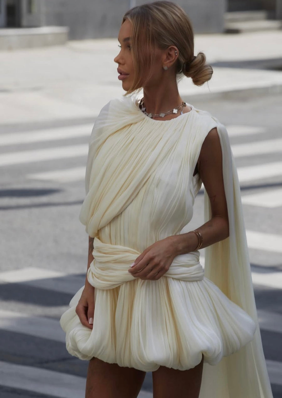 Liana | Pleated Cape Mini Dress – Draped Wrap Waist Bubble Hem Cocktail Party Gown