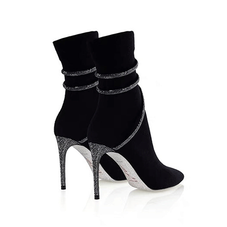 Lilou | Rhinestone Ankle Boots – Evening Pointed Toe Stiletto Heel Wrap Straps